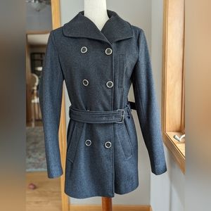 Nine West Womens Gray Long Trench Coat Double Breasted Belted Waist Lined Size M